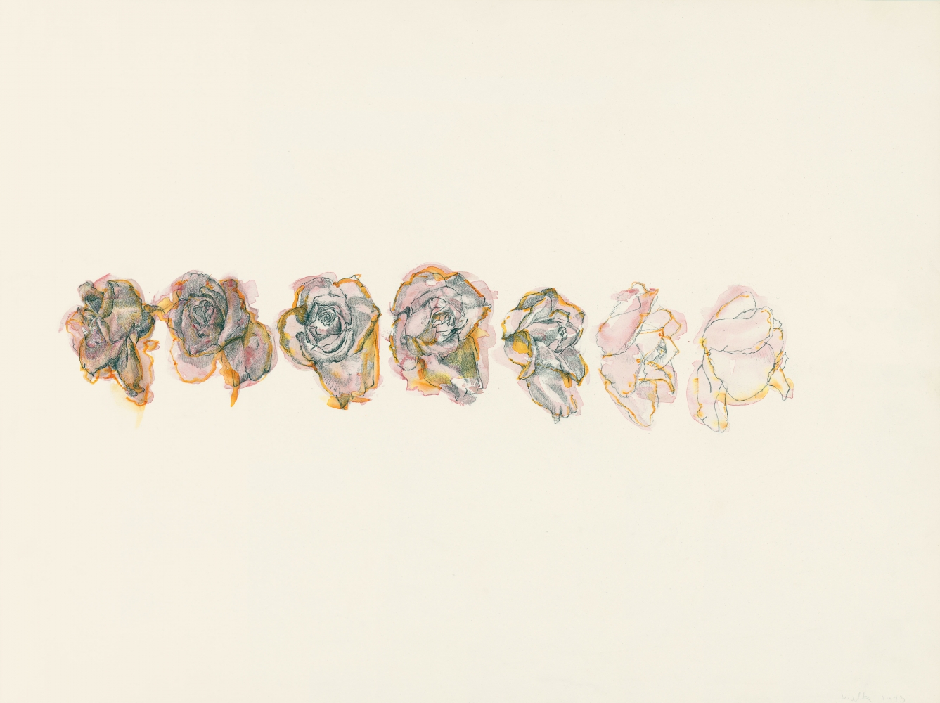 Hannah Wilke
Roses, 1975
Watercolor and pencil on paper
18 &amp;times; 24 inches (45.7 &amp;times; 61 cm)
Hannah Wilke Collection &amp;amp; Archive, Los Angeles.
Courtesy Alison Jacques, London.
Photo: Andrew Scharlatt.