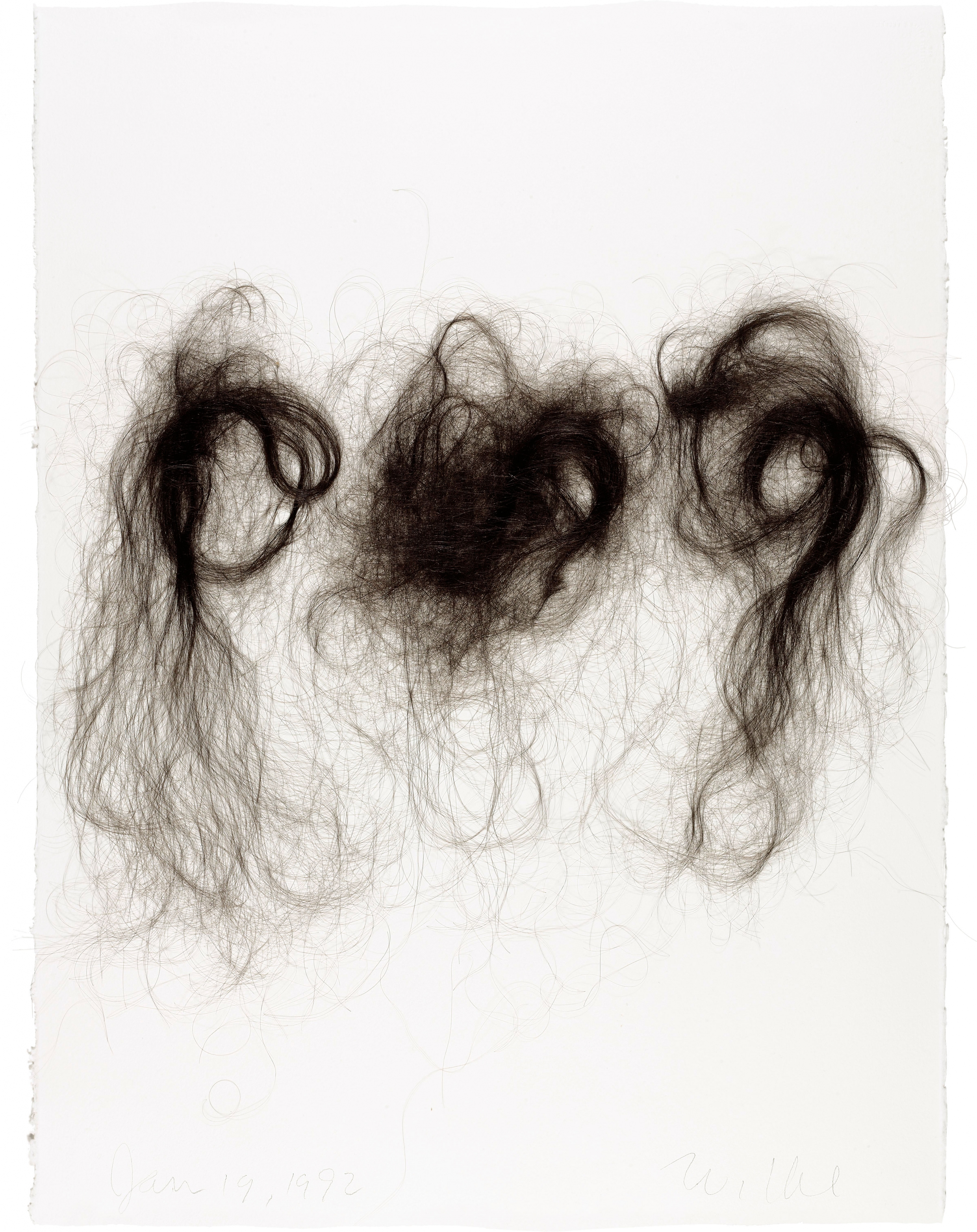 Hannah Wilke 
Brushstrokes: January 19, 1992, no. 6, 1992
Artist&amp;rsquo;s hair on paper
30 &amp;times; 22 1/4 inches (76.2 &amp;times; 56.5 cm)
The Museum of Modern Art, New York; Gift of Marsie, Emanuelle, Damon &amp;amp; Andrew Scharlatt, Hannah Wilke Collection &amp;amp; Archive, Los Angeles.