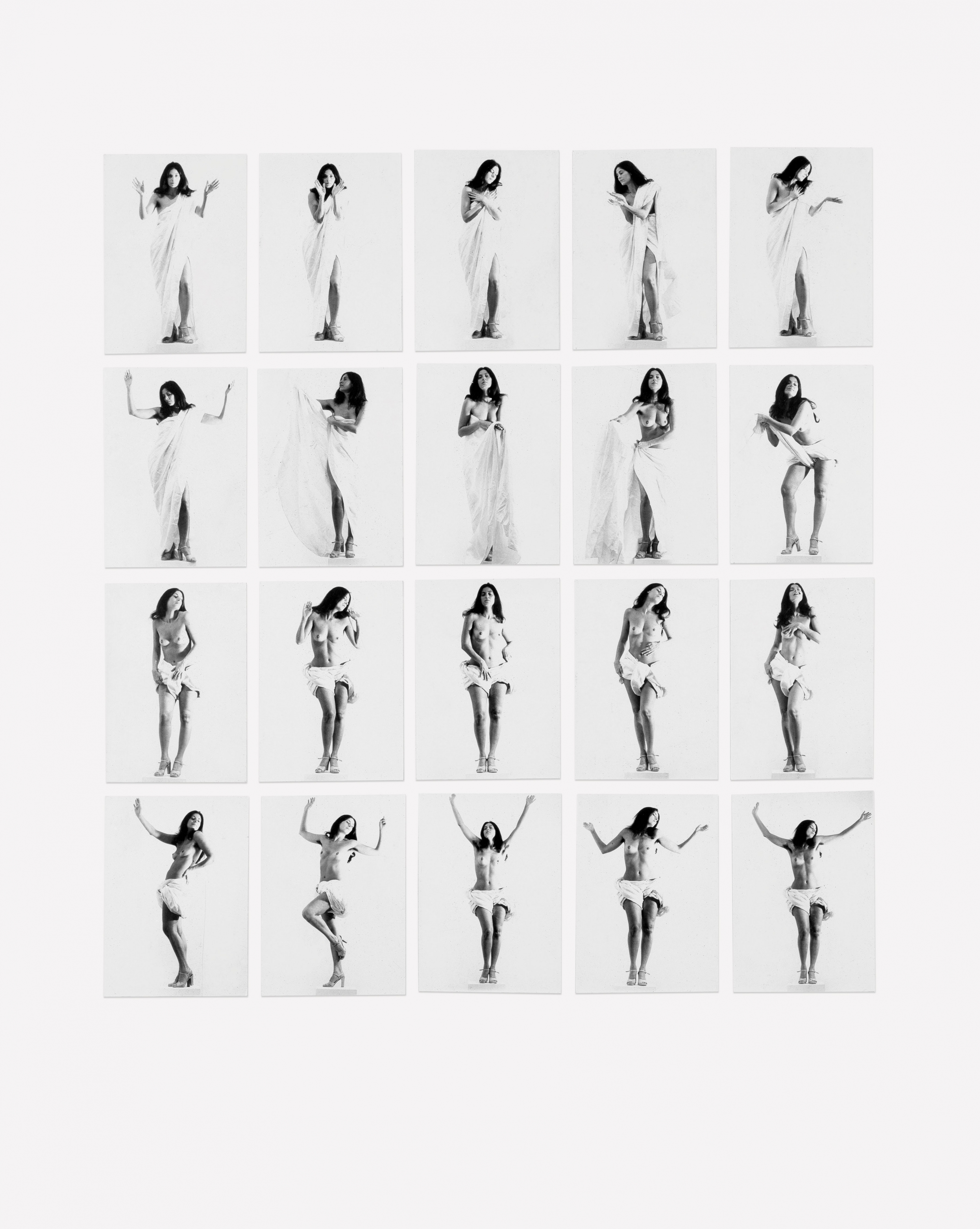Hannah Wilke
Super-t-Art, 1974
Twenty black and white photographs from a three-minute
performance at The Kitchen, New York, November 1974
40 1/2 &amp;times; 32 1/2 inches overall; each: 6 1/2 &amp;times; 4 1/2 inches
(16.5 &amp;times; 11.4 cm)
Hannah Wilke Collection &amp;amp; Archive, Los Angeles.
Courtesy Alison Jacques, London.
